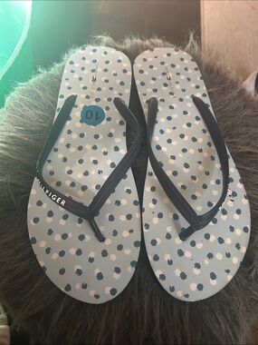 Tommy Hilfiger Light Blue Polka Dot Flip Flops with Navy Straps